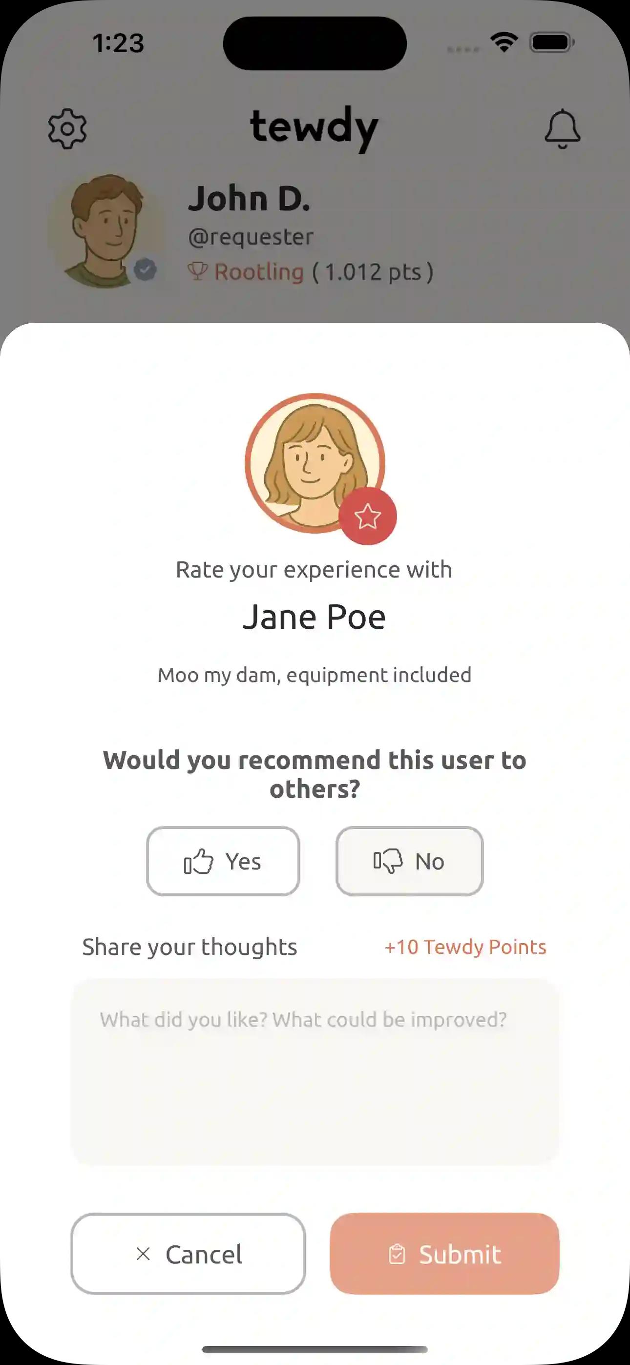 Tewdy review system with thumbs up/down and comments